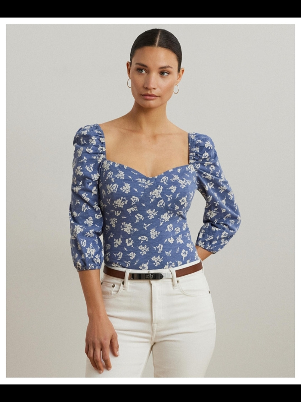 Lauren Ralph Lauren Women's Floral Slub Jersey Puff-Sleeve Top NWT Blue #A1